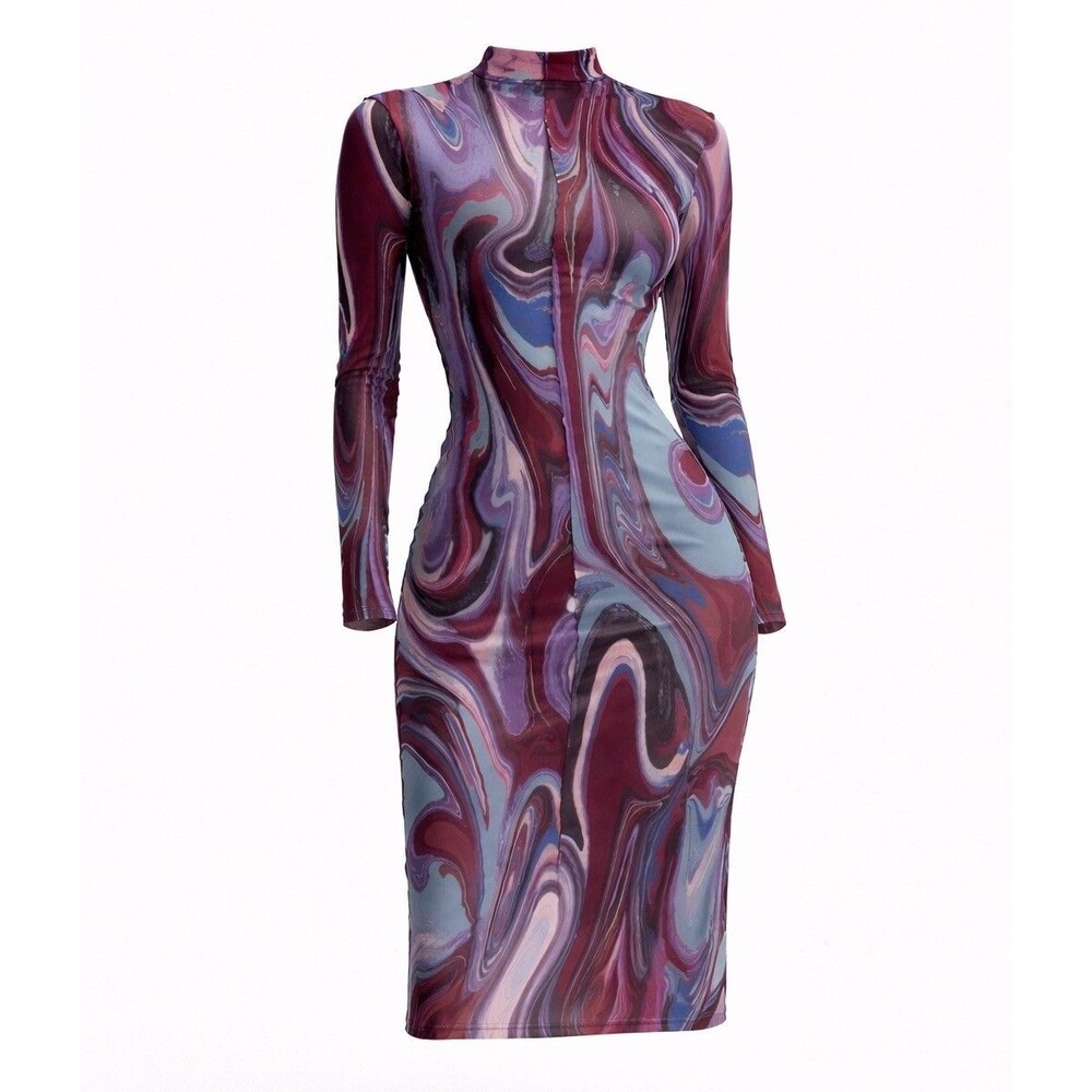 Y2K Bodycon Mesh Midi Dress Size Medium Marble Swirl Art Psychedelic Trippy Club